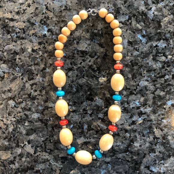 Natural Wood, Turquoise & Red Beaded Necklace - Picture 2 of 7